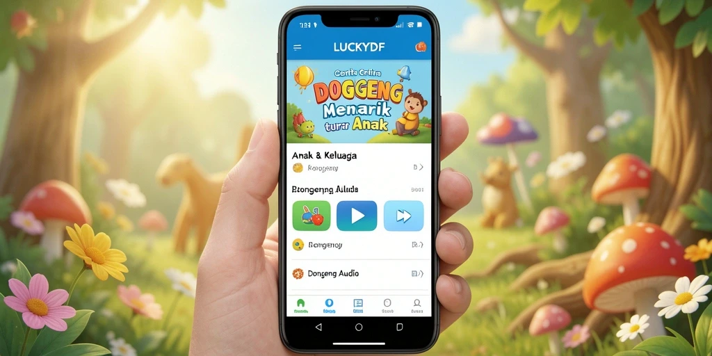 Antarmuka LUCKYDF yang menarik dan ramah anak untuk mendengarkan Dongeng Audio.