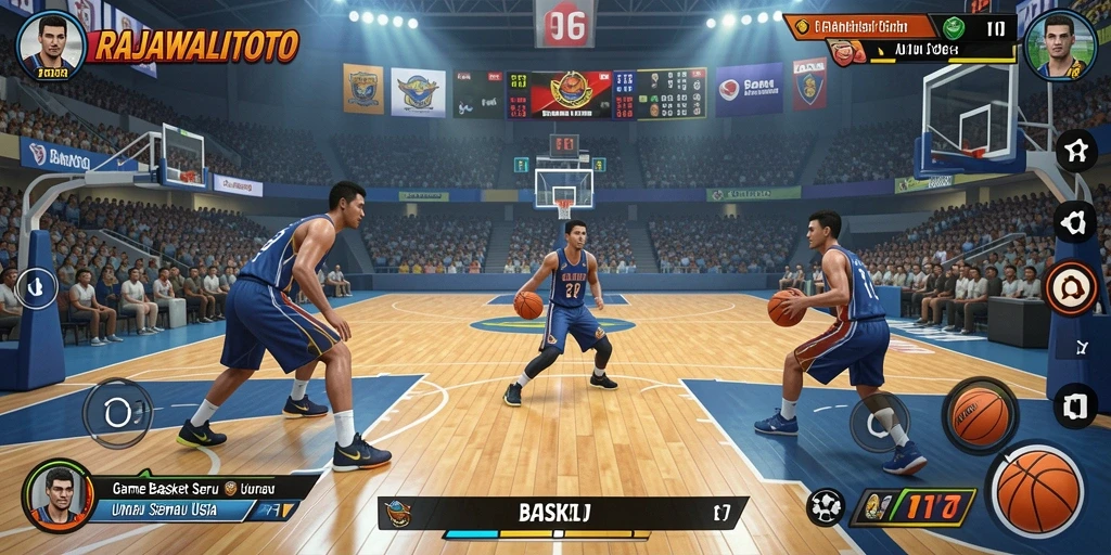 Tampilan antarmuka utama RAJAWALITOTO menampilkan aksi basket yang mendebarkan.