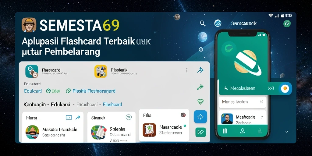 Antarmuka menarik SEMESTA69 menampilkan fungsi Flashcard yang interaktif.