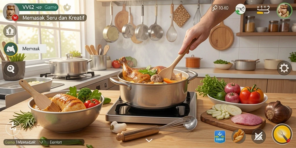 Antarmuka game Memasak VV62 yang menarik dan penuh warna.