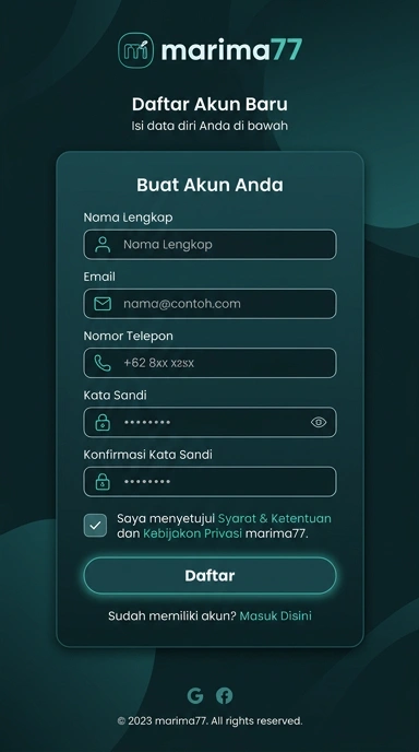 Tampilan halaman daftar marima77